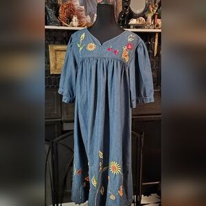 National Mumu Embroidered Denim Dress Florals Pockets Xl